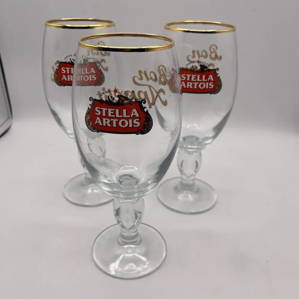 Stella Artois Gold Rim Belgium Chalice .33cl Beer Glasses - Set of 3
